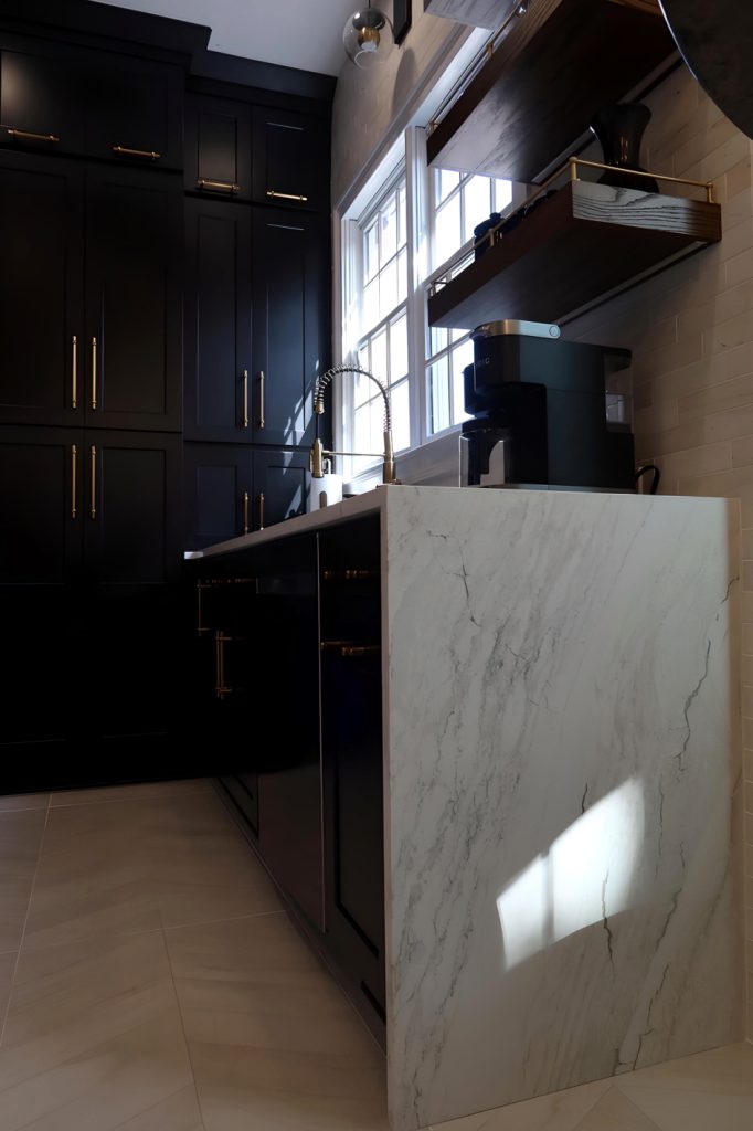 white quartz waterfall island