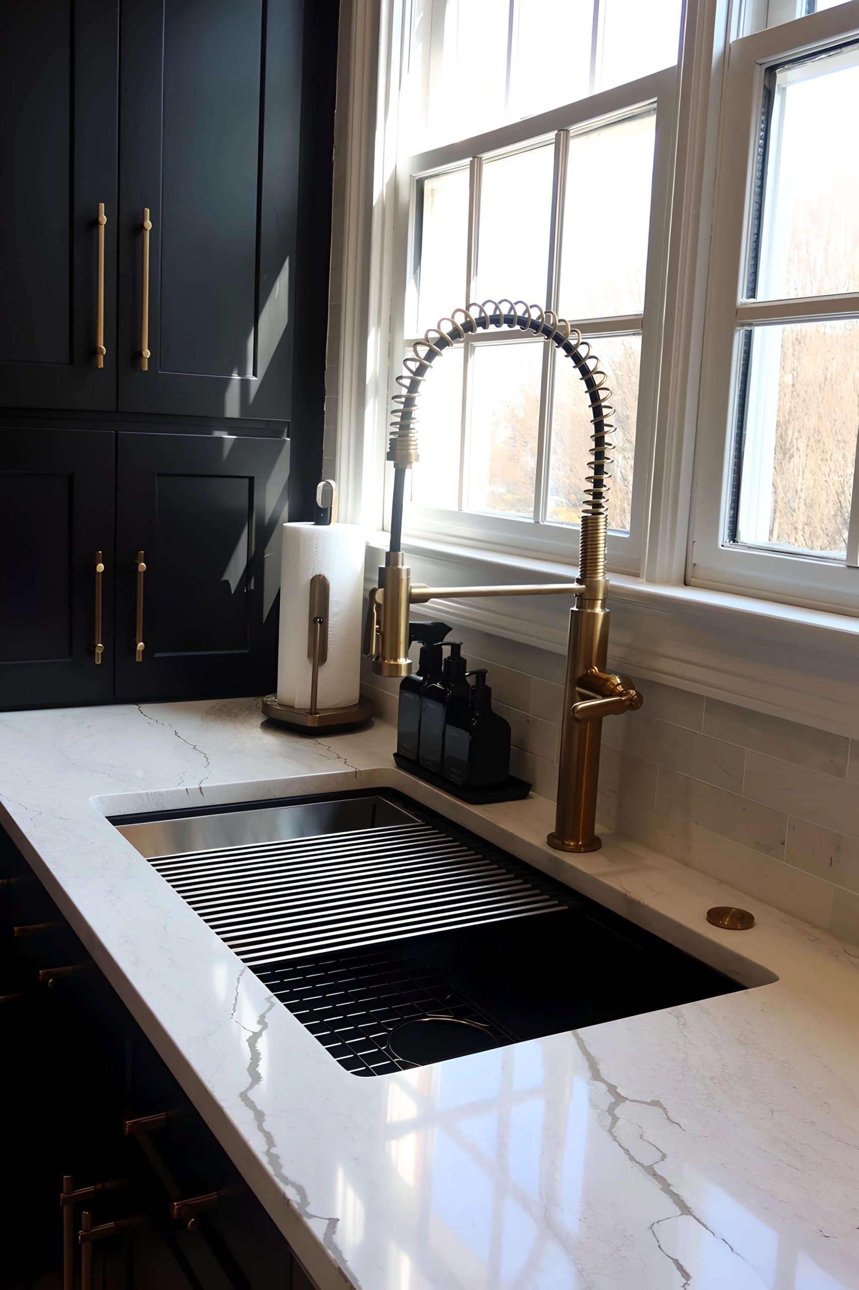 work station sink with gold faucet