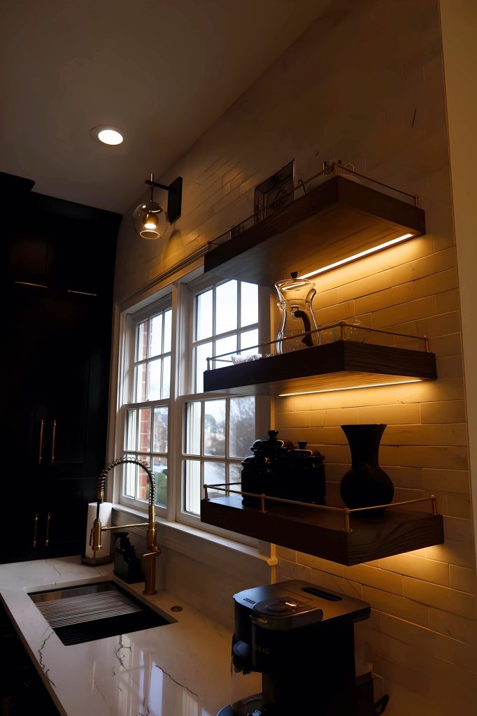 floating shelves with under cabinet lighting
