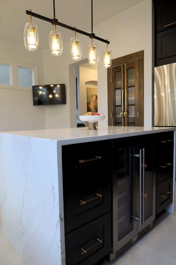 white quartz waterfall island