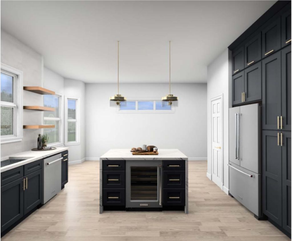 computer aided design of black and white kitchen