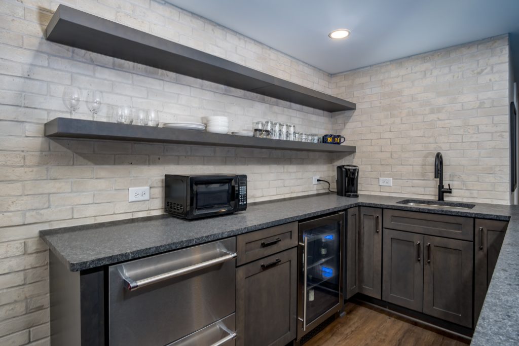 Dark wood basement bar