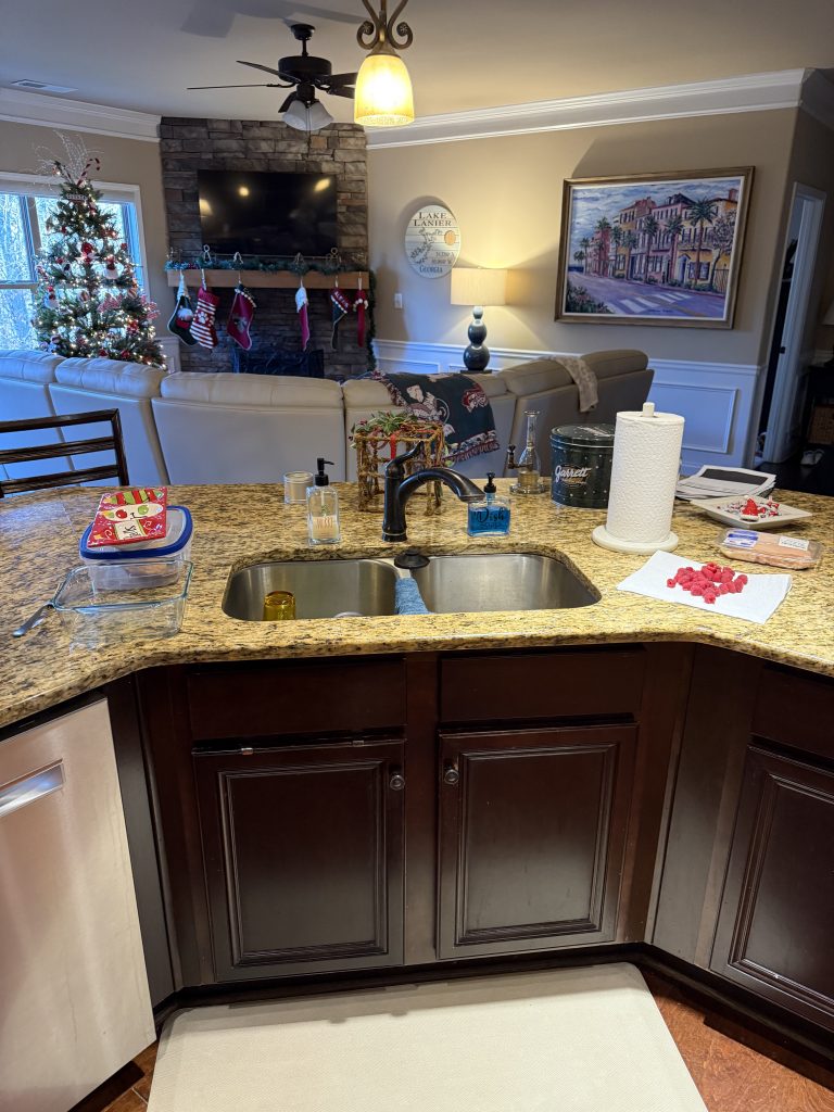 Traditional kitchen with dark wood cabinets and granite countertops before renovation