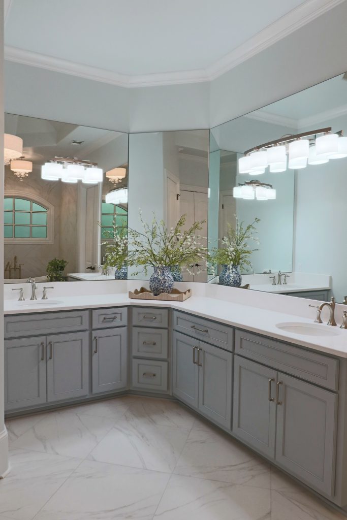 blue cabinetry in remodeled bath