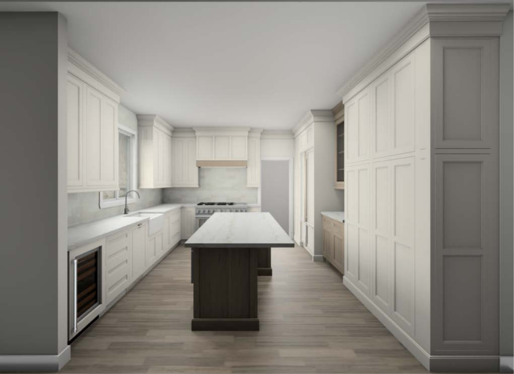 Kitchen design rendering with white inset cabinetry, wood island and custom range hood